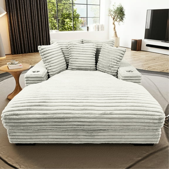 Taupe Chaise For Bedroom With Modern Design And Cupholder + Integrated Handy