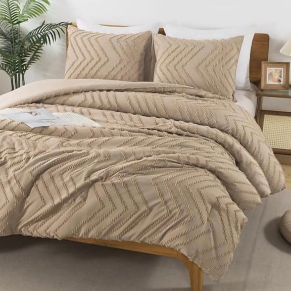 Taupe Comforter Set King Size, Boho Soft Warm Tufted Bedding Comforter Sets for King Size Bed, 3 Pieces Aesthetic Chevron Farmhouse Cute Bohemian Textured Bedding Set