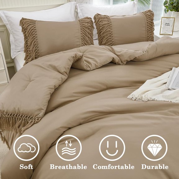 Taupe Comforter Set Queen, 3 Pieces Boho Tassel Lightweight Soft Bedding Comforter Sets, All Season Fluffy Fringe Bed Set (90x90In Comforter & 2 Pillowcases)