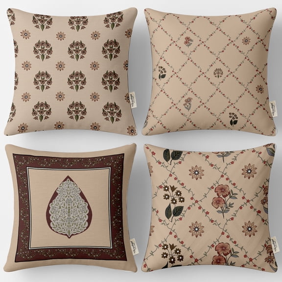 Taupe Cotton Cushion Covers by Vargottam - Set of 4, 20x20 Inch, Dual-Sided Print, Hidden Zipper Closure - Floral Print