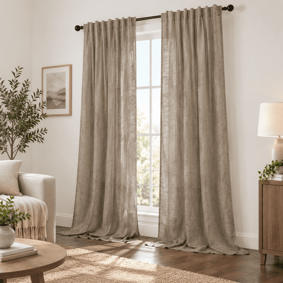 Taupe Curta90 Inch Length 2 Panels Set Linen Light Filtering Sheer Brown For Living Room Bedroom Coffee Colored Primitive Drapes P