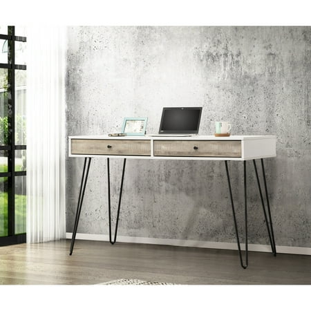 Taupe Desk With 2 Drawer Storage Areas And Metal Accents - Space Saving Feature Slots Efficient Workspace
