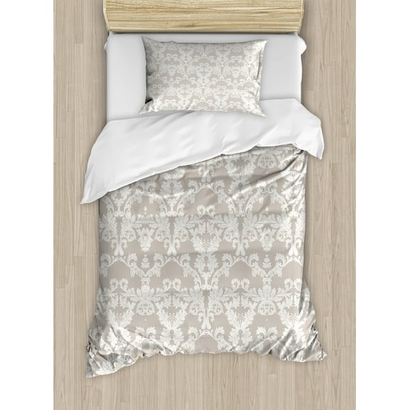 Taupe Duvet Cover Set, Nature Garden Themed Pattern with Damask Imperial Tile Rococo Inspired, Decorative 2 Piece Bedding Set with 1 Pillow Shams, Twin Size, Taupe and White, by Ambesonne