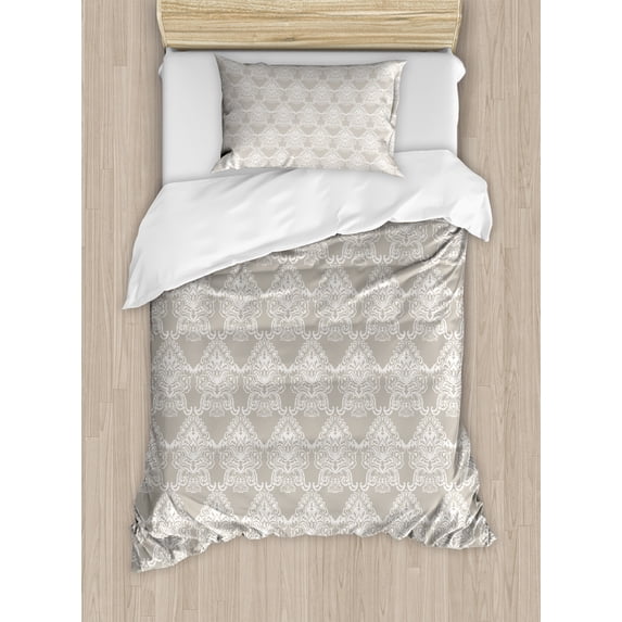 Taupe Duvet Cover Set, Royal White Damask in Classic Baroque Style Rococo Abstract Vignette, Decorative 2 Piece Bedding Set with 1 Pillow Shams, Twin Size, Taupe White, by Ambesonne