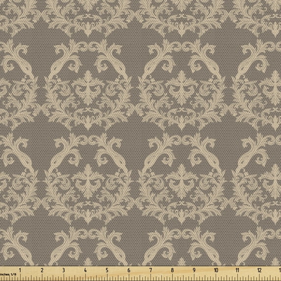 Ambesonne Victorian Fabric by the Yard Upholstery, Flora Baroque Classy, 1 Yard, Warm Taupe and Sand Brown
