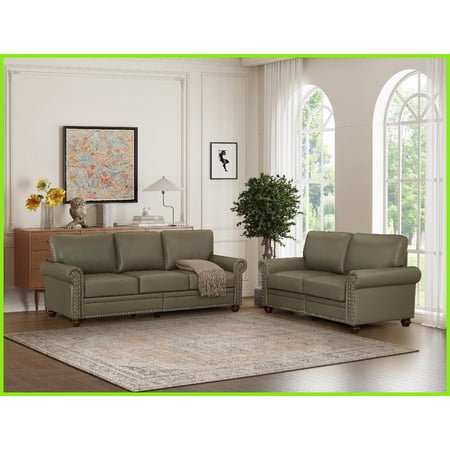 Taupe Faux Leather 5-Seat 2+3 Sectional Sofa with Storage | Round Arms | Silver Nail Accents