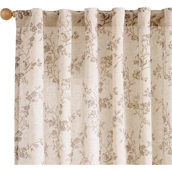 Taupe Floral Linen Blend Curtains 50"W x 63"L Back Tab Drapes Light Filtering Vintage Style 2 Panels
