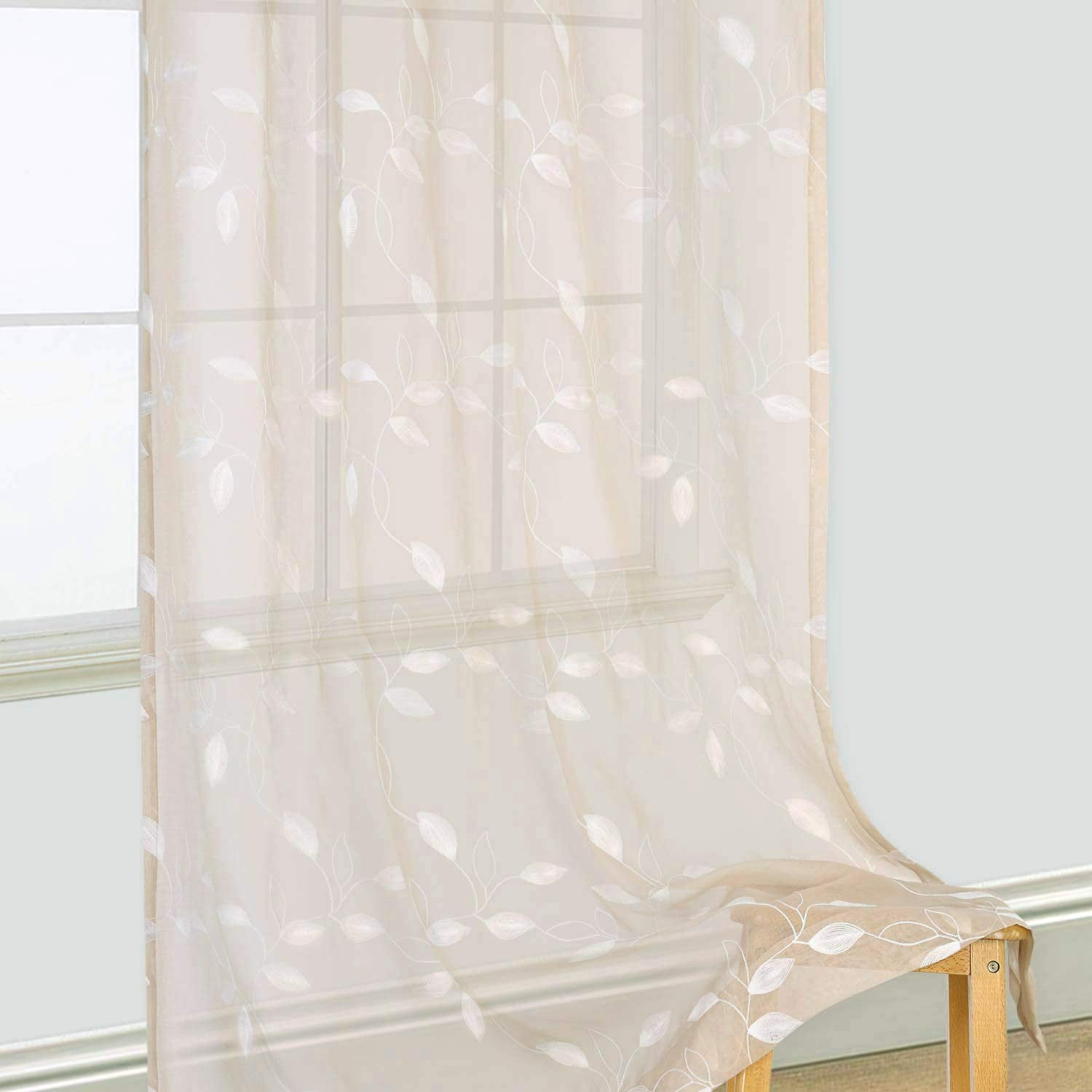 Taupe Floral Sheer Curtains, Elegant Leaves Pattern Matched Ribbon