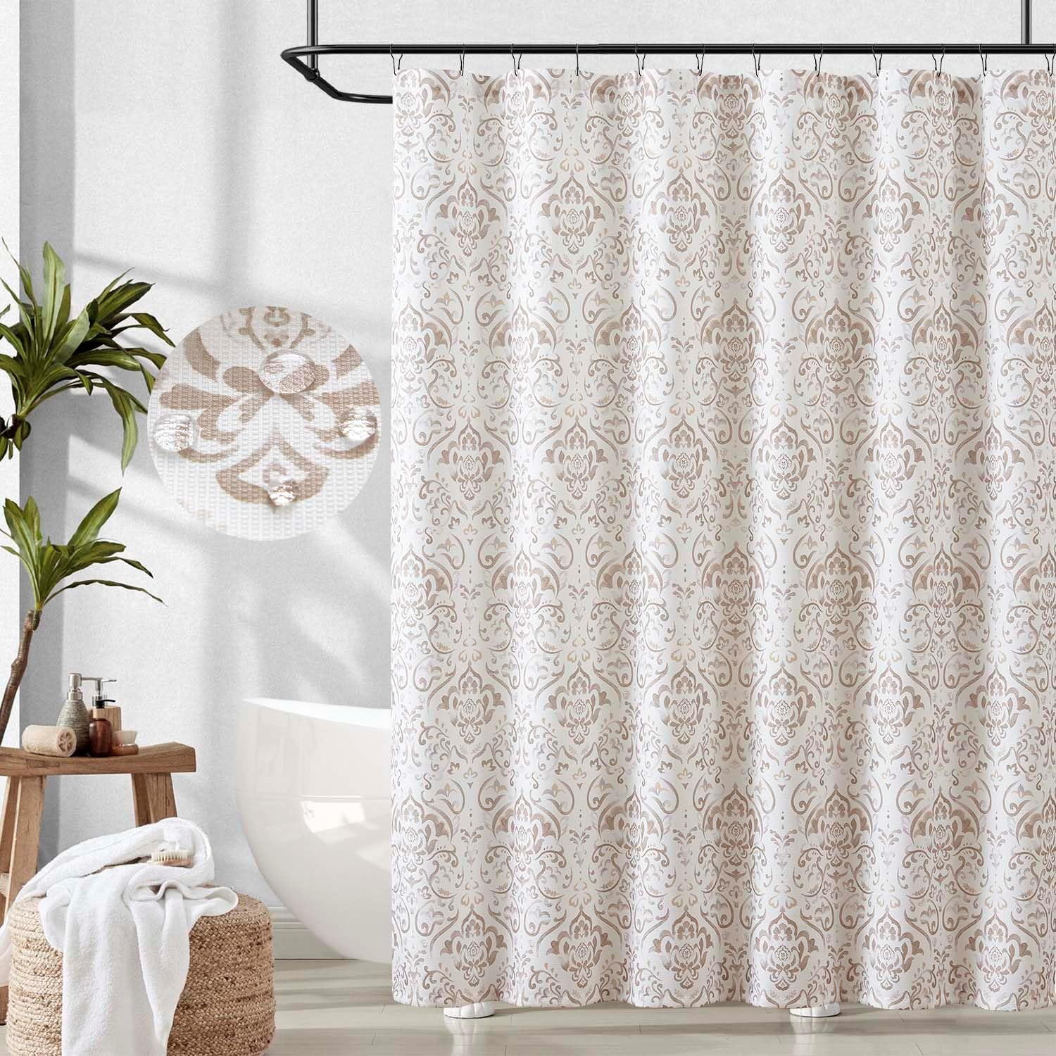 Taupe Floral Shower Curtain, Medallion Damask Farmhouse Shower Curtains for Bathroom, Watercolor Retro Vintage Pattern Waterproof Fabric Shower Curtain, Bath Decor with Hooks 70x72 Inch