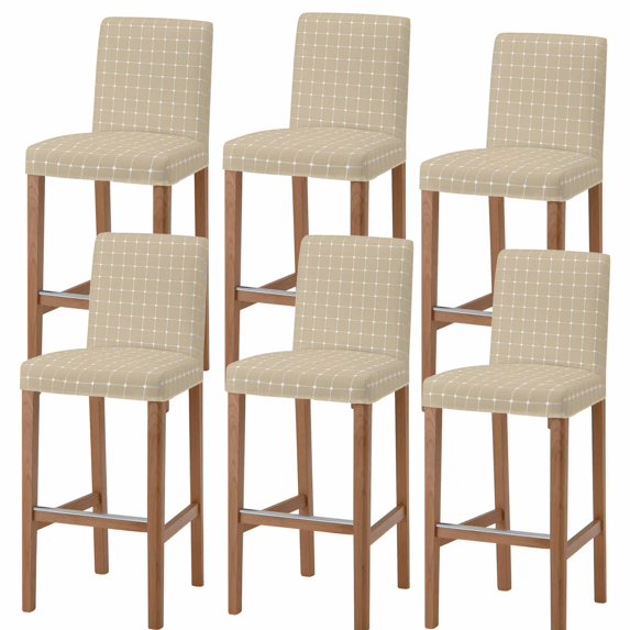 Taupe Gingham Bar Stool Covers - Stretch Dining Chair Covers Set of 6, Modern Minimalist Geometric Plaid Bar Chair Cover Removable Counter Stool Pub Chairs Slipcovers Protectors for Kitchen/Cafe