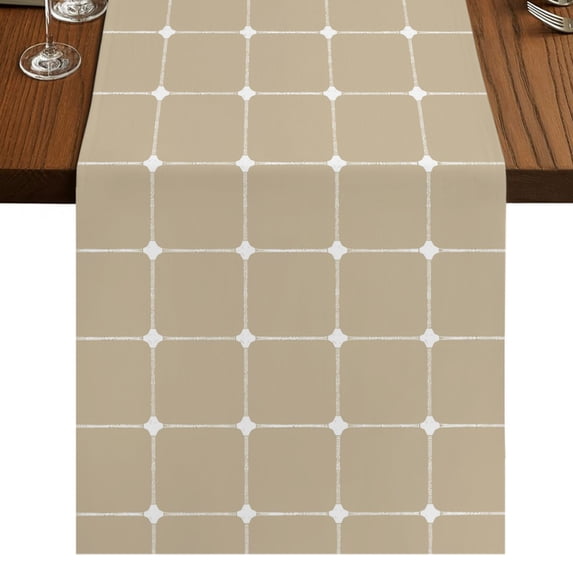Taupe Gingham Burlap Cotton Table Runner 13x120 Inches Long, Modern Minimalist Geometric Plaid Farmhouse Table Runners, Outdoor Dining Table Decor for Baby Shower/Party/Wedding