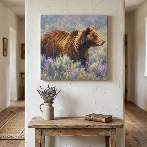 Taupe Grizzly Bear Canvas Wall Art for Living Room Bedroom Bathroom, Rustic Natural Wildlife Lavender Sage Meadow Canvas Art Wall Decor, Artwork for Walls Home Office Decor, 8"x8"