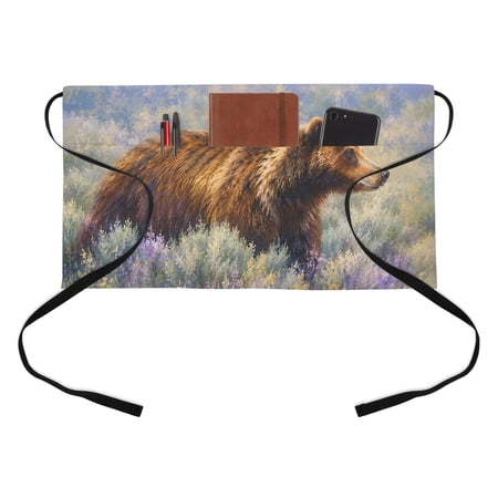 Taupe Grizzly Bear Kitchen Restaurant Half Waist Apron, Rustic Natural Wildlife Lavender Sage Meadow Server Short Apron with 3 Pockets Waterproof Oil Waist Aprons for Women Waitress Waiter