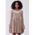 thumbnail image 1 of Taupe Horizontal Stripped Embroidery Detail Long Sleeve With Flare Hem Mini Dress S, 1 of 3