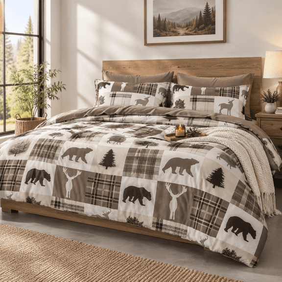 Taupe King Size Rustic Lodge Woodland Animal Print 3-Piece Comforter Bedding Set