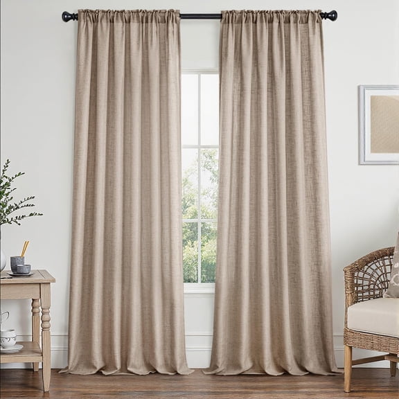 Taupe Linen Curtains 2 Panels Set for Living Room Bedroom Semi Sheer Light Filtering Farmhouse Rod Pocket Soft Thick Linen Textured Window Drapes