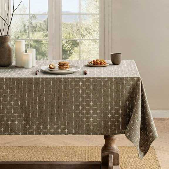 Taupe Linen Table Cloth Rectangle Tablecloth Waterproof Spillproof Cross-Star Textured Table Cloth, Decorative Rustic Farmhouse Style for Dining/Party/Buffet/Wedding,60x102 Inch