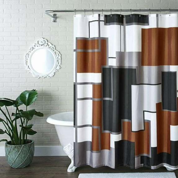 Taupe Modern Geometric Shower Curtain Brown,Brown and Black White Waterproof Shower Curtain Set for Bathroom Restroom with 12 Metal Hooks, 72 x 72 inch