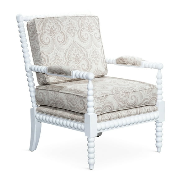 Taupe Paisley Spindle Chair In White, Fabric, 16in Seat H Accents, Hardwood, 33.25in Depth