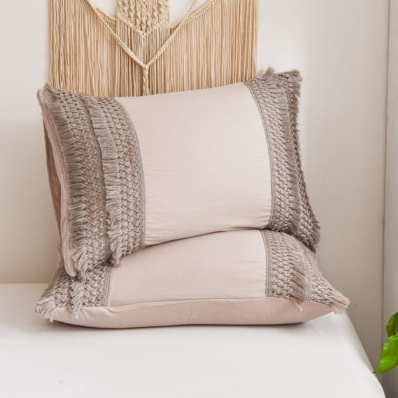 Taupe Pillowcases, Macrame Tassel Pillow Cases Set of 2, 100% Washed Microfiber, Taupe Decor Tassel Boho Pillow Cover, 2 Pack