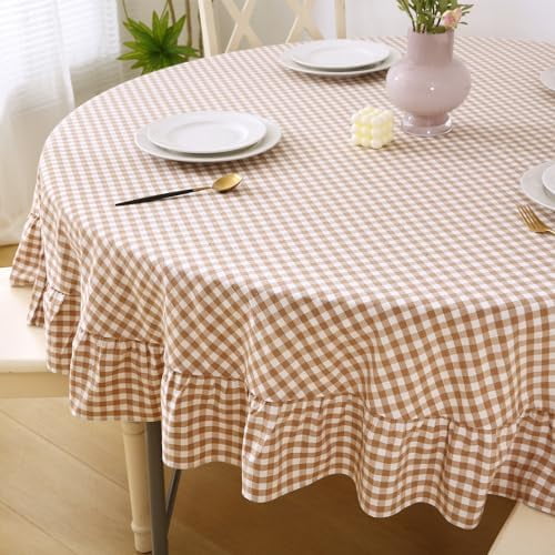 Taupe Plaid Ruffled Table Cloth Round Cover for Seat 4-6, 100% Washed Cotton Farmhouse Checker Gingham Vintage Decorative Tablecloth - Dia.70 inches