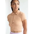 thumbnail image 1 of Taupe Ribbed Button Up Tee - Short Sleeve Knit Collared Top, 1 of 4