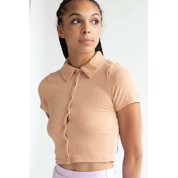 Taupe Ribbed Button Up Tee - Short Sleeve Knit Collared Top