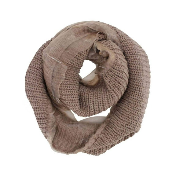 Taupe Ribbed Knit Circle Infinity Scarf With Chiffon