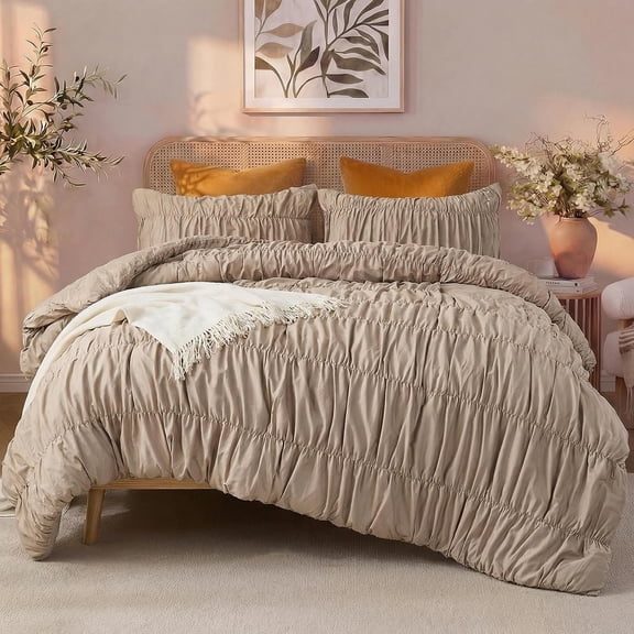 Taupe Ruched Comforter Set Size, Ruffle Comforter Set,Luxury Ruched Bedding 3 count,Soft Durable Ruffle Bed Set for Seasons