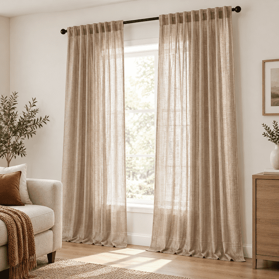 Linken Roo Taupe Semi Sheer Linen Curta102 Inch Long 2 Panels For Living Room ...