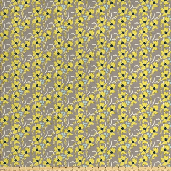 Ambesonne Garden Fabric by the Yard Upholstery, Meadow Inspired Spring, 5 Yards, Indigo Yellow Taupe
