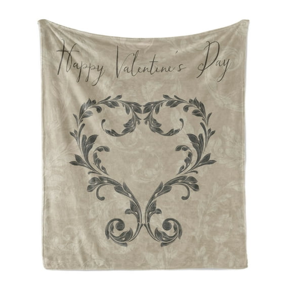 Taupe Soft Flannel Fleece Throw Blanket, Happy Valentine's Day Hand Writing Laurel Leaves Forming a Heart Victorian, Cozy Plush for Indoor and Outdoor Use, 50" x 70", Taupe Tan, by Ambesonne