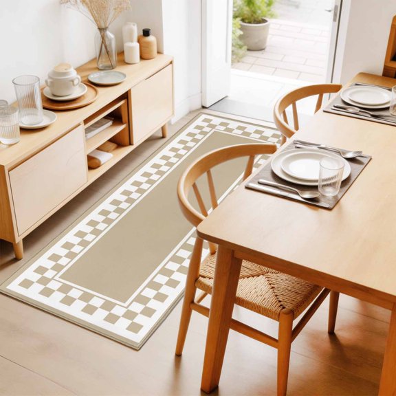 Taupe Square 2'x6' Runner Rug for Hallway Walkway Kitchen Galley, Graphic Retro Khaki White Checkered Border Low Pile Washable Non Slip Long Area Rug for Living Room