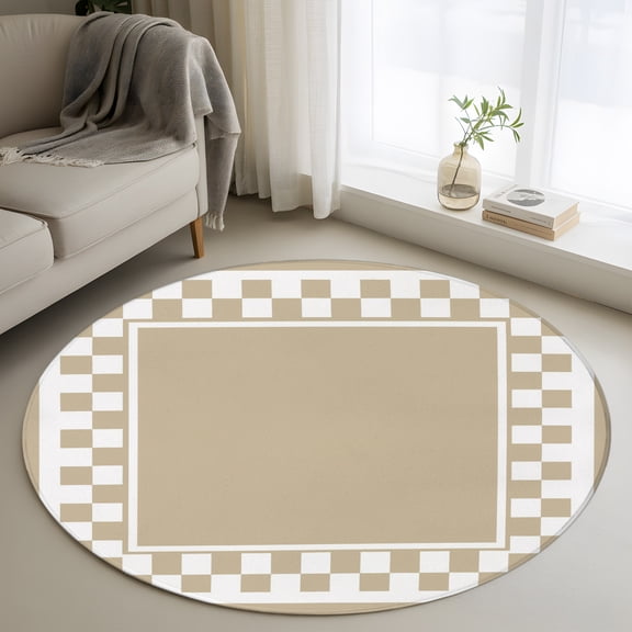 Taupe Square 3FT Round Area Rugs Graphic Retro Khaki White Checkered Border Soft Small Round Rug Non-Slip, Ultra-Thin Circle Carpet for Bedroom Entryway Kitchen Bathroom