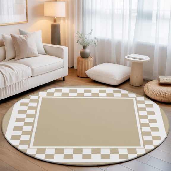 Taupe Square 7' Round Rug for Living Room Conversation Area, Graphic Retro Khaki White Checkered Border Washable Non Slip Large Circle Area Rug