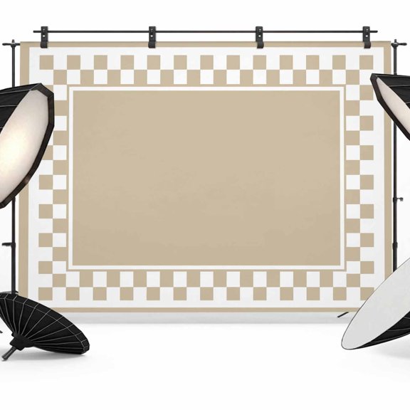 Taupe Square Backdrops for Photography, Graphic Retro Khaki White Checkered Border Fabric Photo Background Sturdy Studio Props for Photo Studio, Video Recording, Booth & Photoshoot 7x5ft