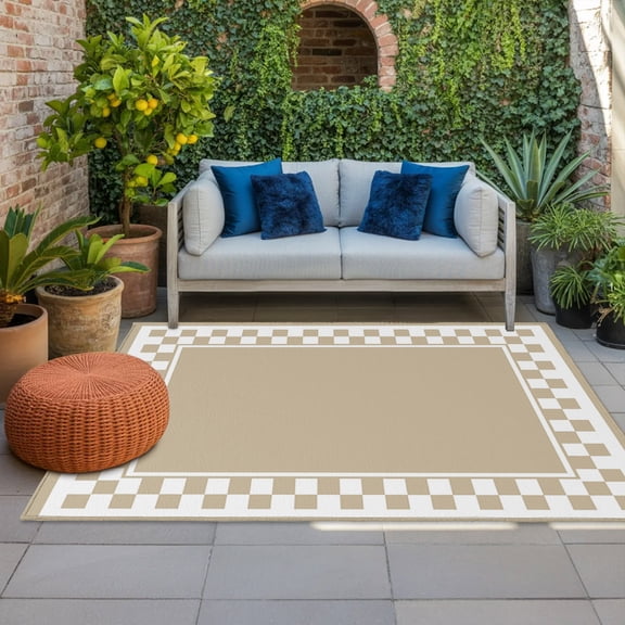 Taupe Square Indoor Outdoor Rugs 5x8 Ft, Graphic Retro Khaki White Checkered Border Outdoor Patio Rugs Mat Washable Outside Area Rugs Carpet for Porch Deck RV Camping Pool Balcony Backyard