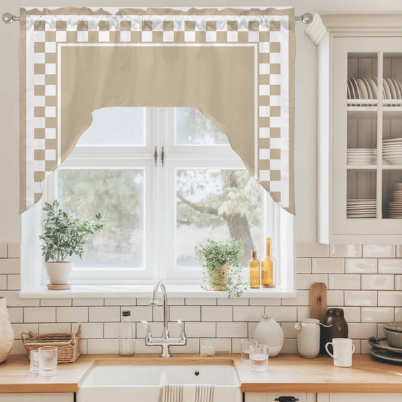 Taupe Square Swag Valance for Windows, Graphic Retro Khaki White Checkered Border Swag Curtains Valances for Small Window Treatment Rod Pocket for Kitchen Bathroom 1 Panel 56x36in