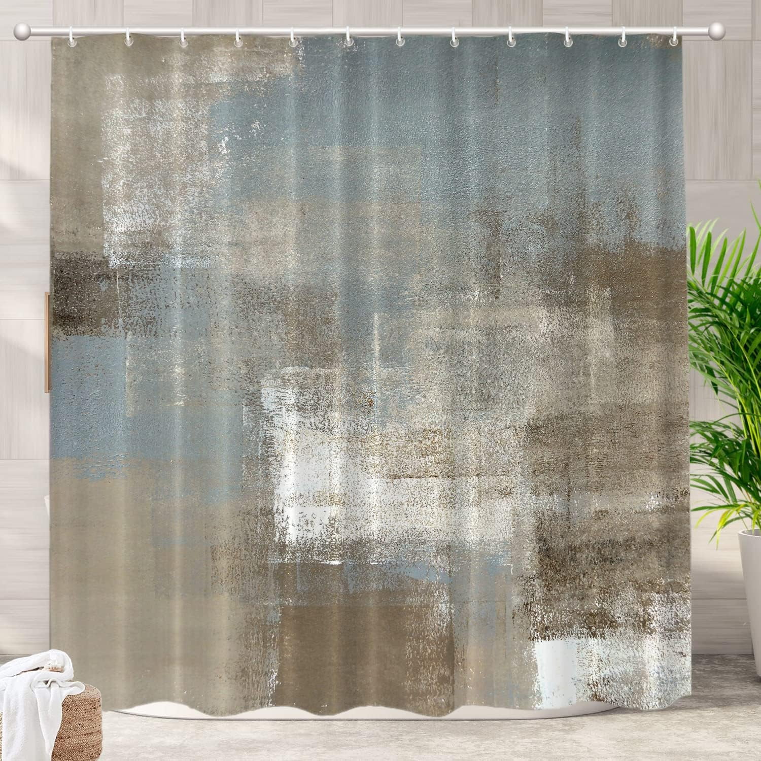 Taupe Squares Texture Decor Shower Curtain,Grey and Beige Abstract Painting Bathroom Decor Polyester Fiber Plastic Rings Quick-Drying Waterproof for Bathtubs/Bathroom, 72x72 inches