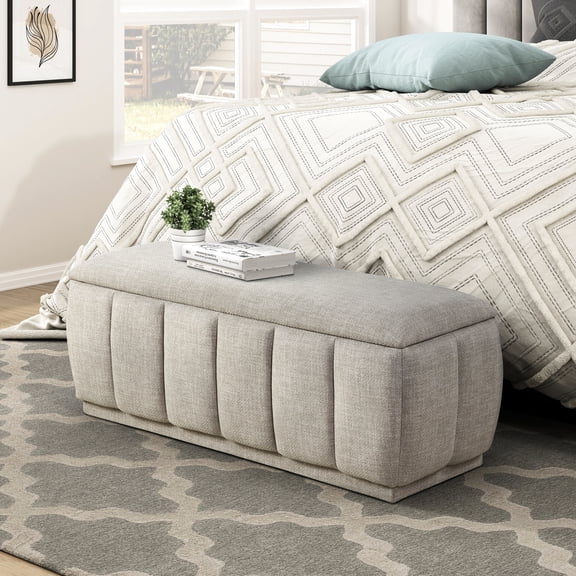 Taupe Textured Storage Bench With Plywood Frame And Spacious Seating Stylish Foam Cushioned Seat Structure