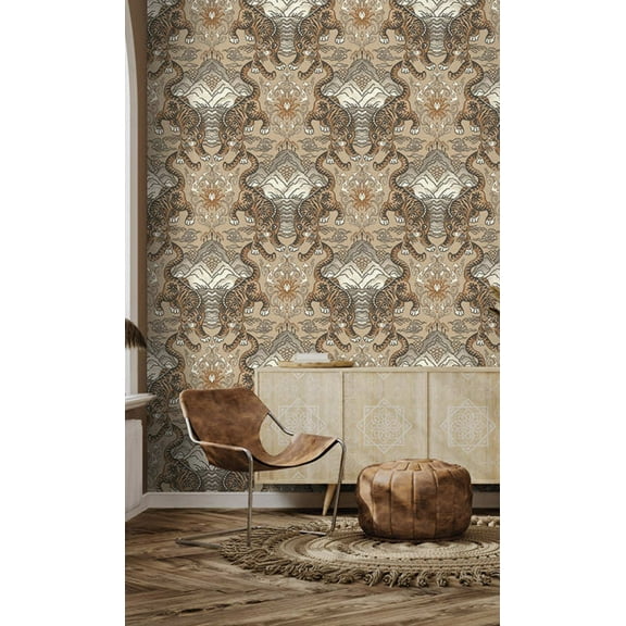 Taupe Tiger Chinese Inspired Textured Wallpaper R8411