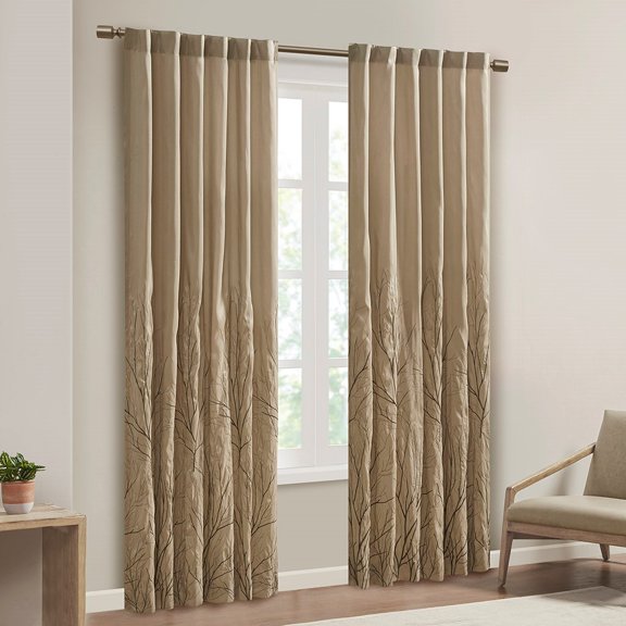 Taupe Tree Branch Embroidered Curtain Panel, Single Piece Nature-Inspired Blackout Window Curtain