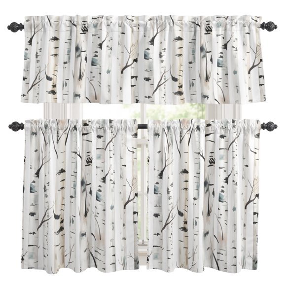 Taupe Tree Kitchen Curtains, Kitchen Curtains and Valances Set of 3, Forest Birch Trees Modern Abstract Art Light Filtering Tailored Tier Curtain 24 Inch Length Drapes for Cafe Sink Bedroom