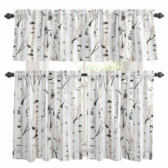 Taupe Tree Kitchen Curtains Sets for Windows 24 Inch Length, Forest Birch Trees Modern Abstract Art Rod Pocket Window Treatments Tier Curtains and Valances Set for Bedroom/Bathroom