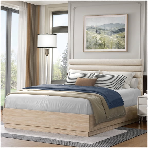Taupe Upholstered Queen Bed with Boucle Headboard, Platform Frame, Silent Slats, High Weight Capacity, No Box Spring Required