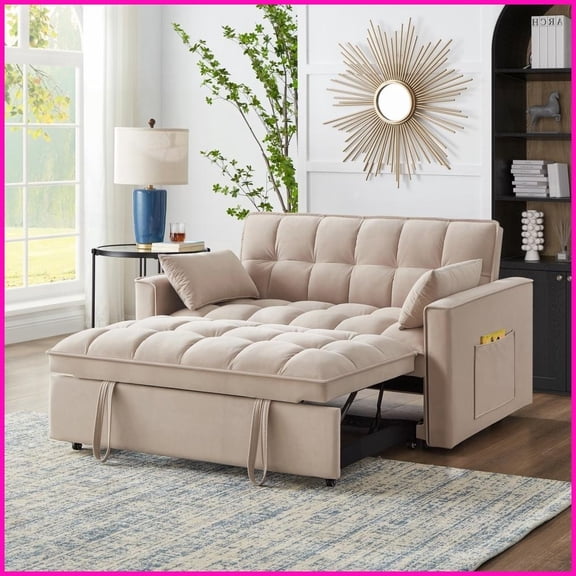 Taupe Velvet 4-in-1 Loveseat Sofa Bed - Modern Compact Convertible Couch with Storage Pockets for Small Spaces