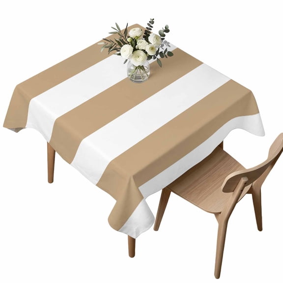 Taupe Vertical Stripes Table Cloth 60x60 Inch Square, Taupe White Parallel Colored Lines Rustic Waterproof Tablecloth Washable Table Cover for Party Picnic Dinner Decor