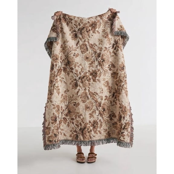 Taupe Vintage Floral Pattern Boho Woven Throw Blanket, 100% Cotton, Fringed Edges