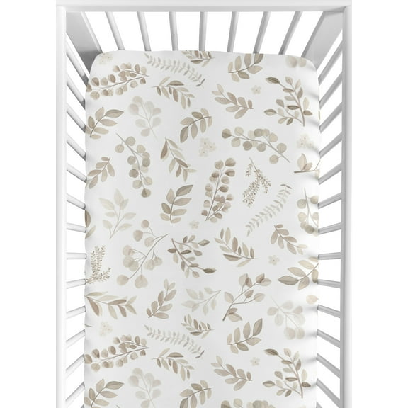 Taupe White Botanical Floral Leaf Fitted Crib Sheet by Sweet Jojo Designs