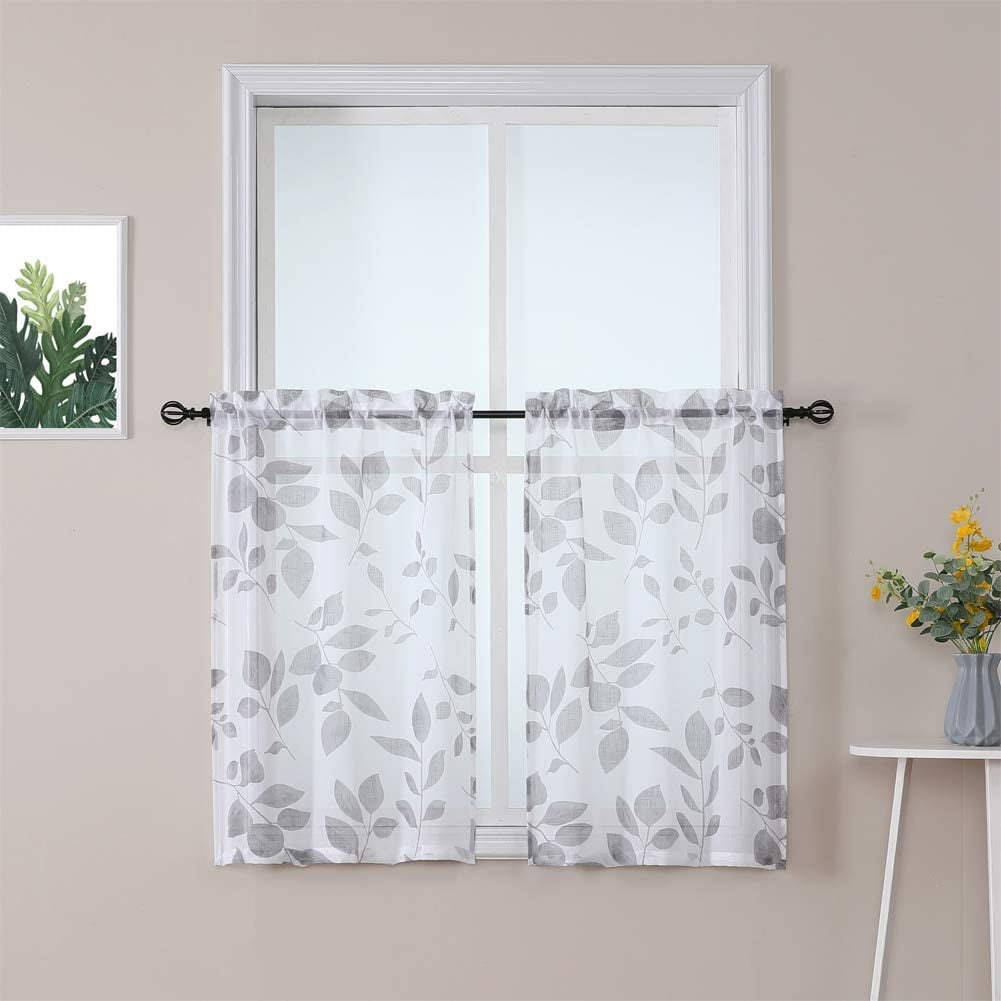 Taupe and White Kitchen Window Curtain Tiers, Quatrefoil Leaves Pattern ...